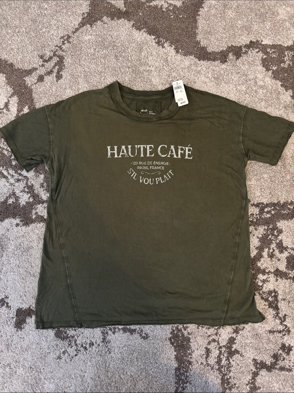 Aerie - Distressed Olive Green "Haute Café" Oversized Graphic Tee!!
